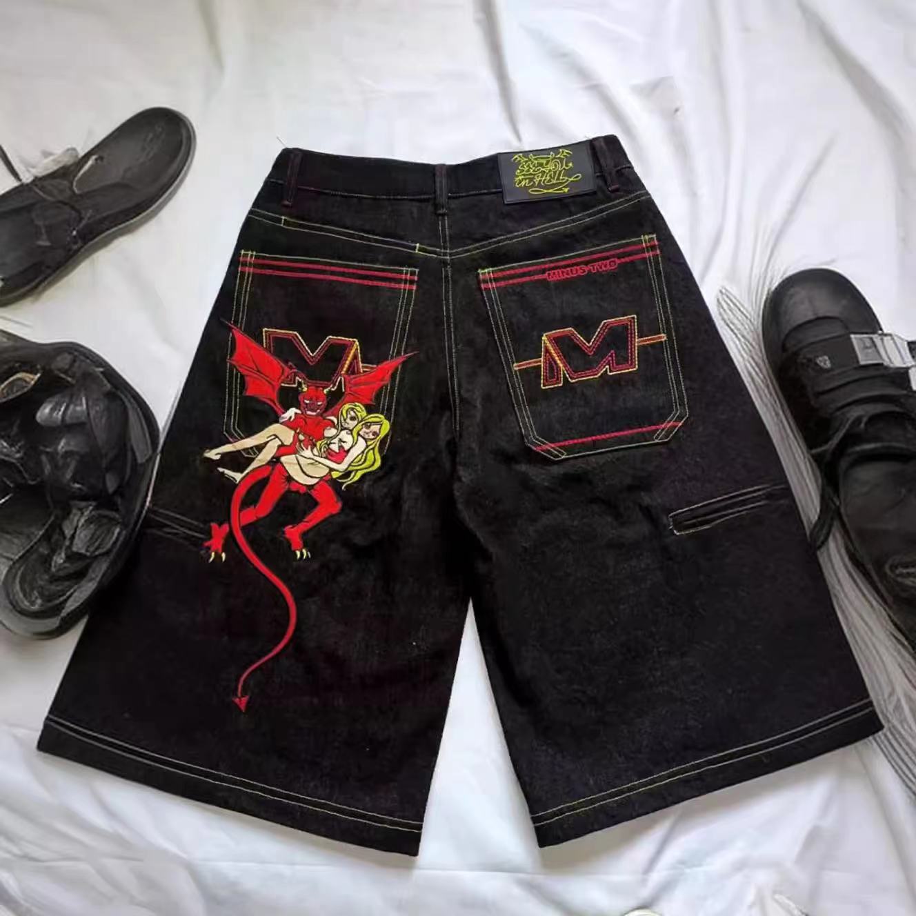Y2K Hip Hop Demon Embroidered Denim Shorts