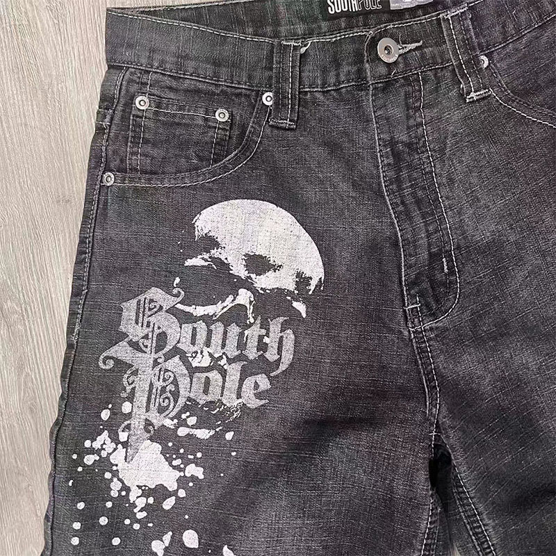 Gothic Diablo Style Skull Print Denim Shorts