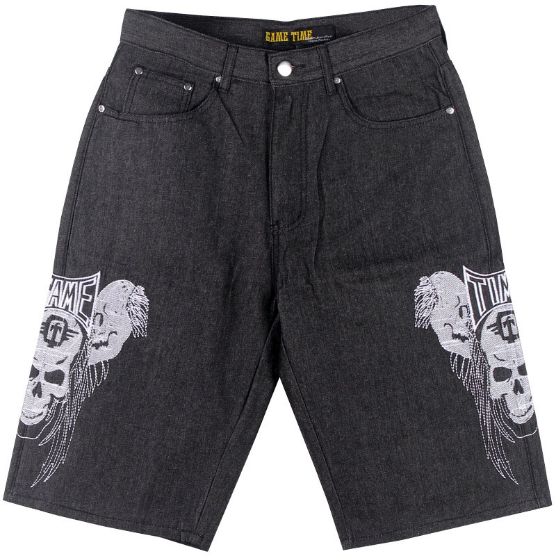 Hip Hop Skull Embroidered 7 Point Denim Shorts