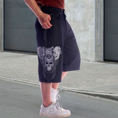 Hip Hop Skull Embroidered 7 Point Denim Shorts