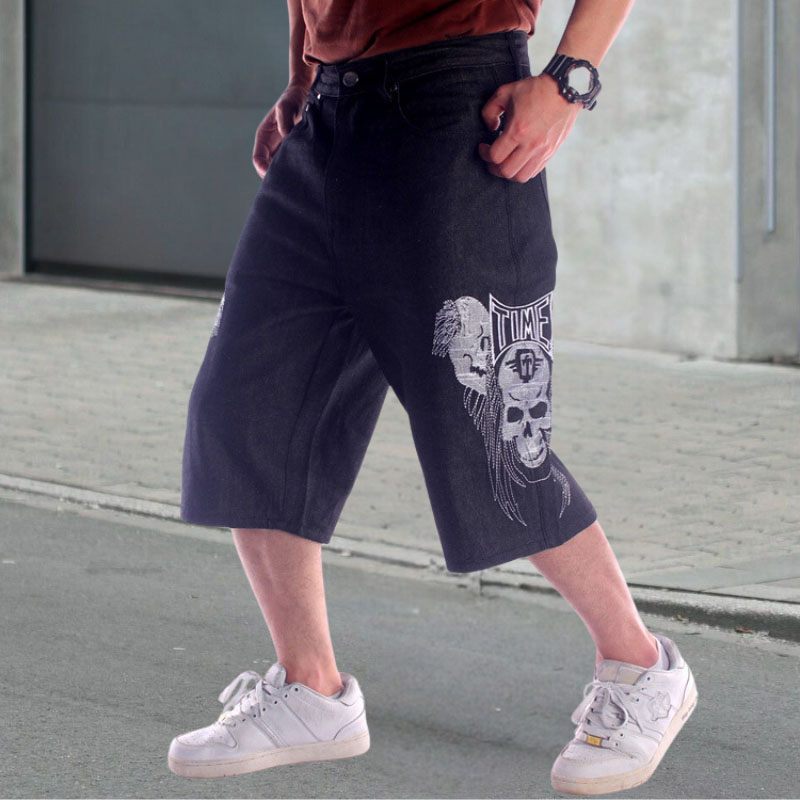 Hip Hop Skull Embroidered 7 Point Denim Shorts