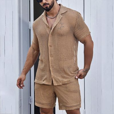 Solid Color Lapel Short Sleeve Shirt Suit