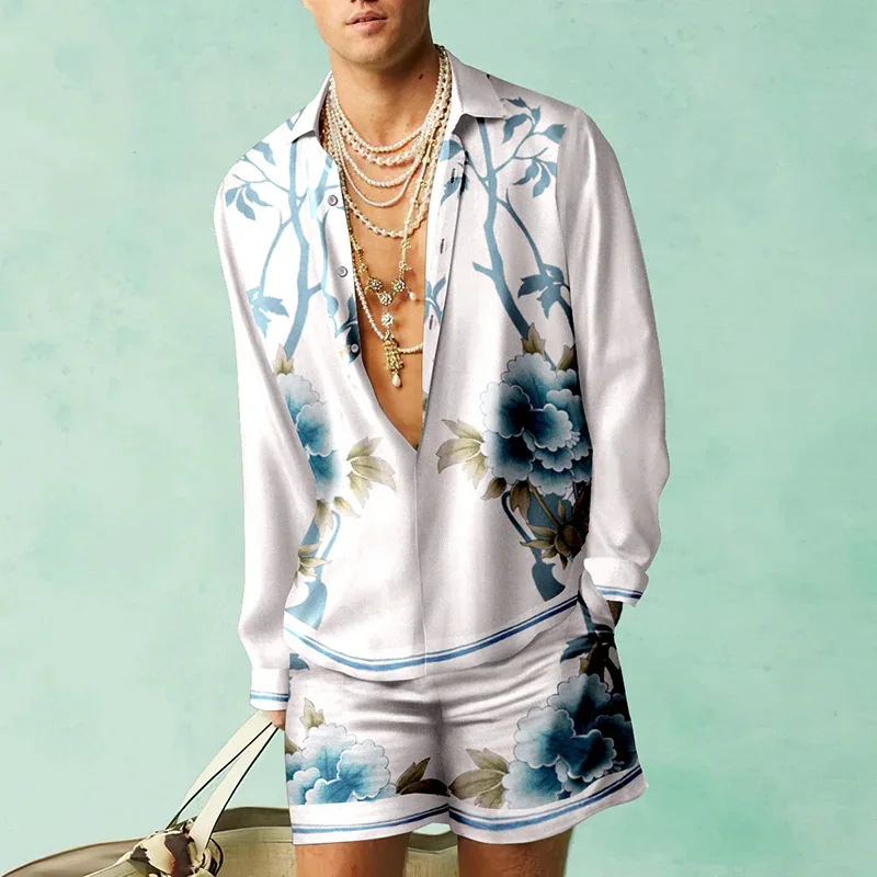 White Vintage Floral Hawaiian Shirt Set