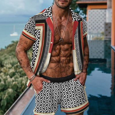 Leopard Print Colorblock Hawaiian Short Sleeve Shirt Set