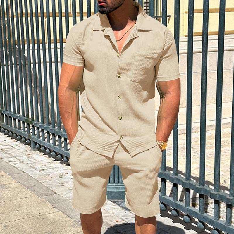 Solid Color Short Sleeve Shorts Shirt Set