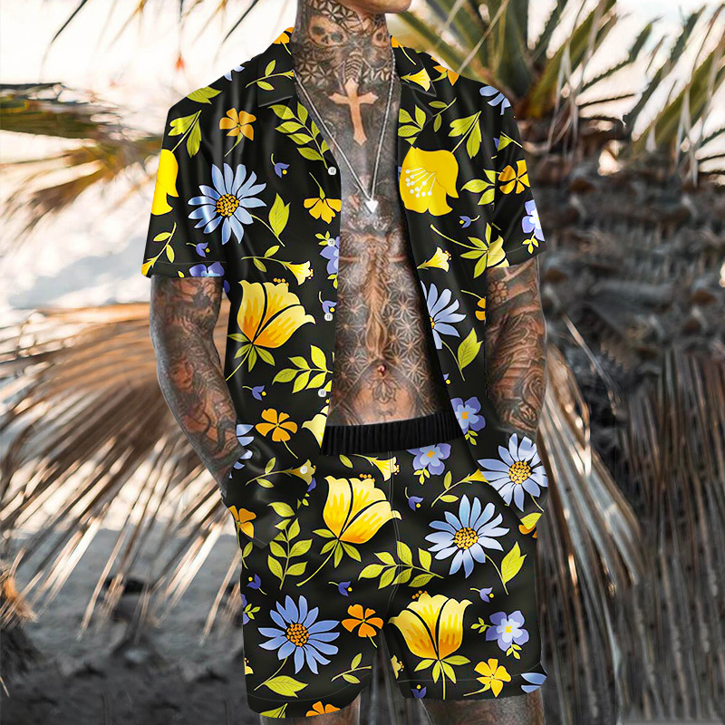 Tropical Print Beach Style Vacation Shirt Set