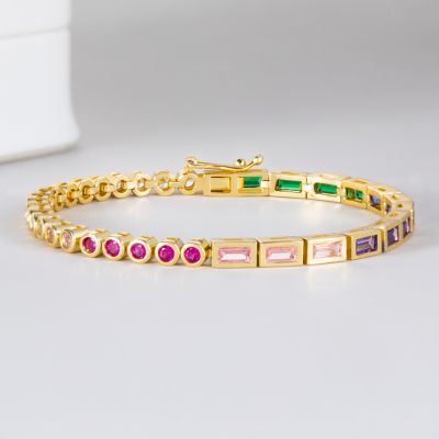 Half Rainbow Baguette & Half Round Diamond Bracelet