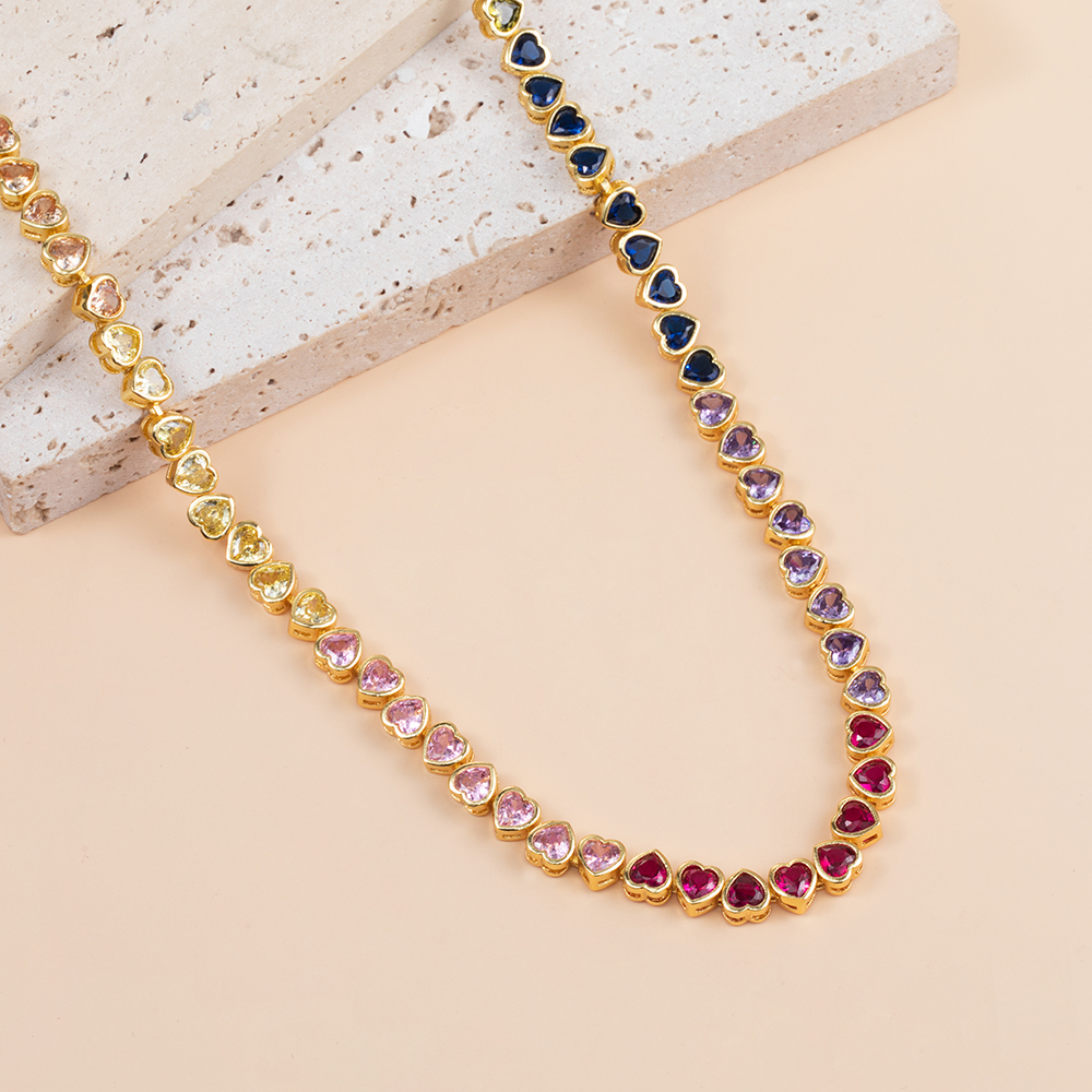 6mm Rainbow Upside Down Heart Tennis Chain in Gold