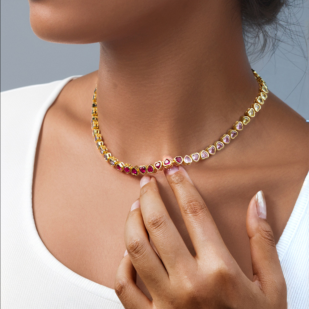 6mm Rainbow Upside Down Heart Tennis Chain in Gold