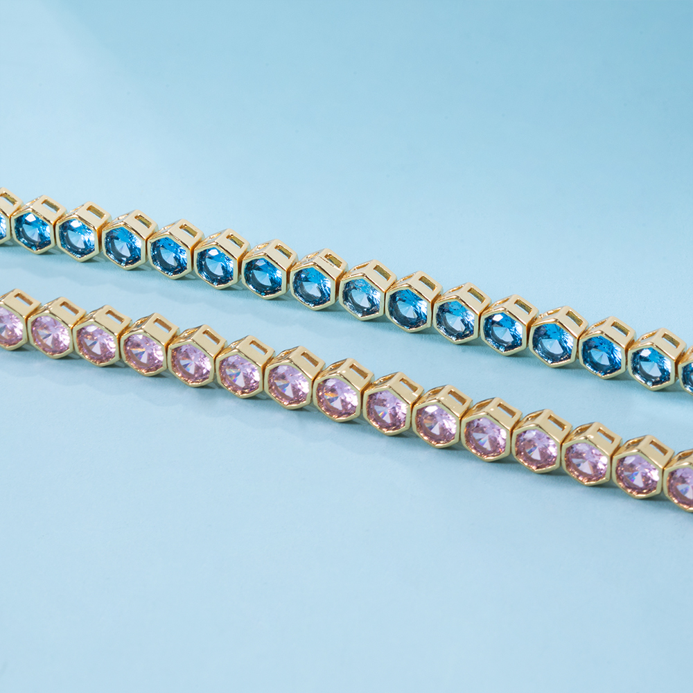 4mm Pink/Blue Hexagon Link Chain in Gold