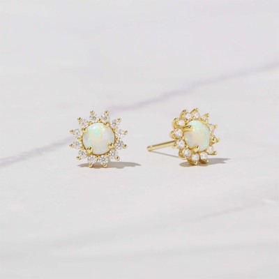 Diamond Sunflower Opal Stud Earrings