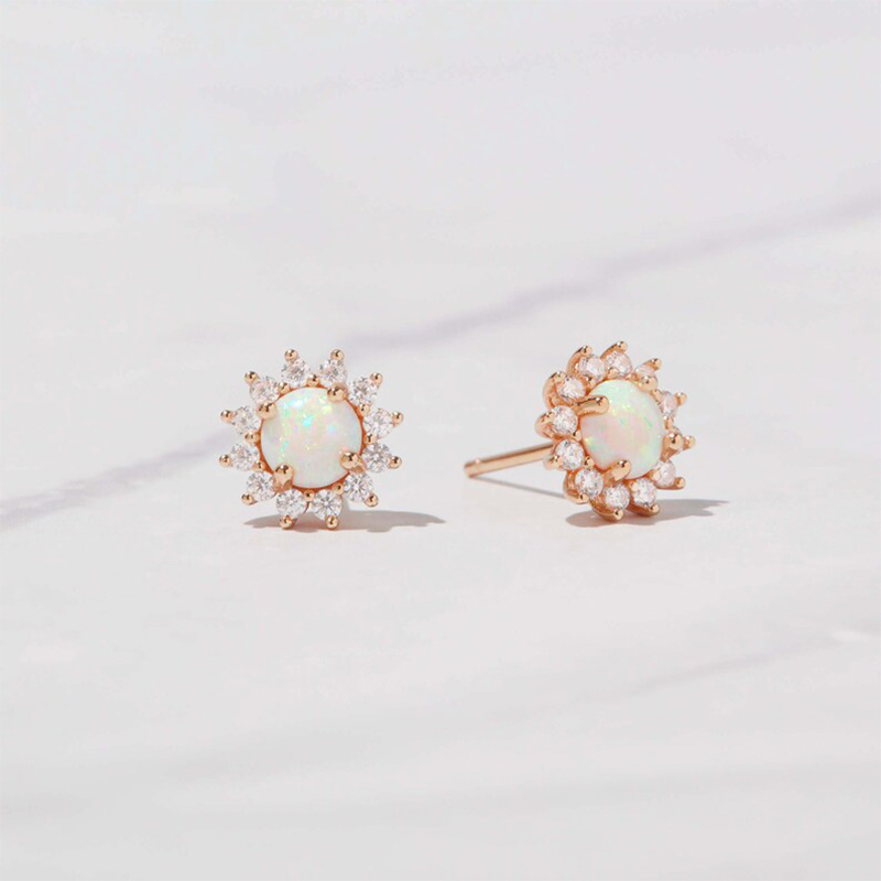 Diamond Sunflower Opal Stud Earrings