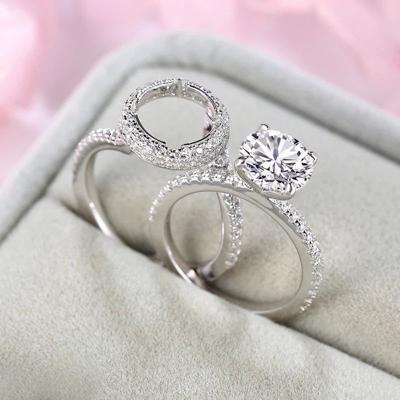 Unique Halo Round Cut Detachable Sterling Silver Ring Set