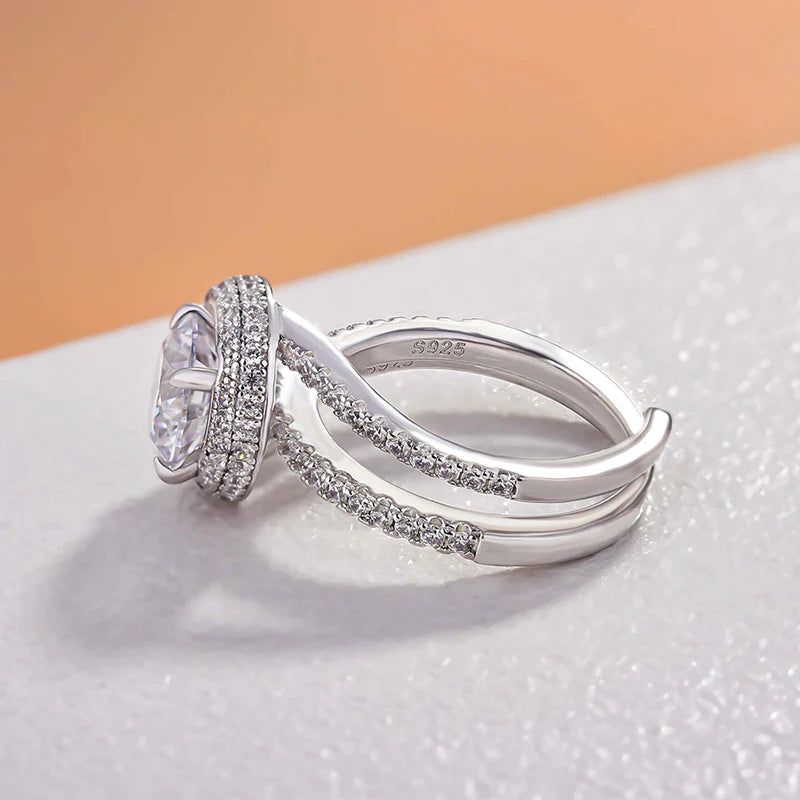 Unique Halo Round Cut Detachable Sterling Silver Ring Set