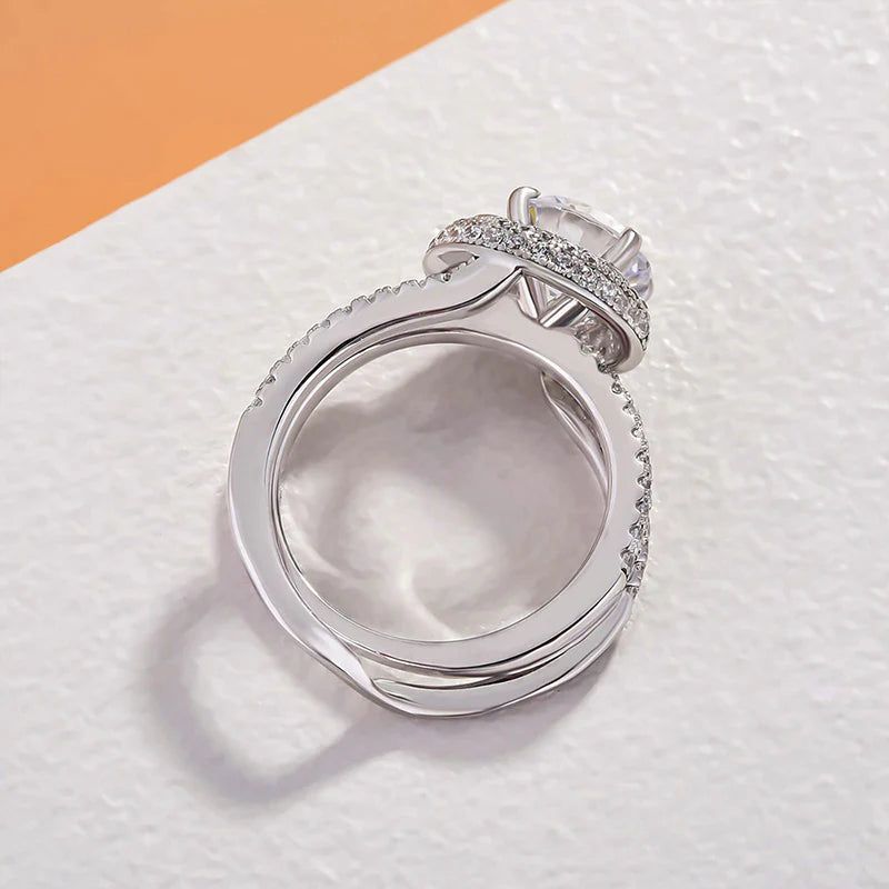 Unique Halo Round Cut Detachable Sterling Silver Ring Set