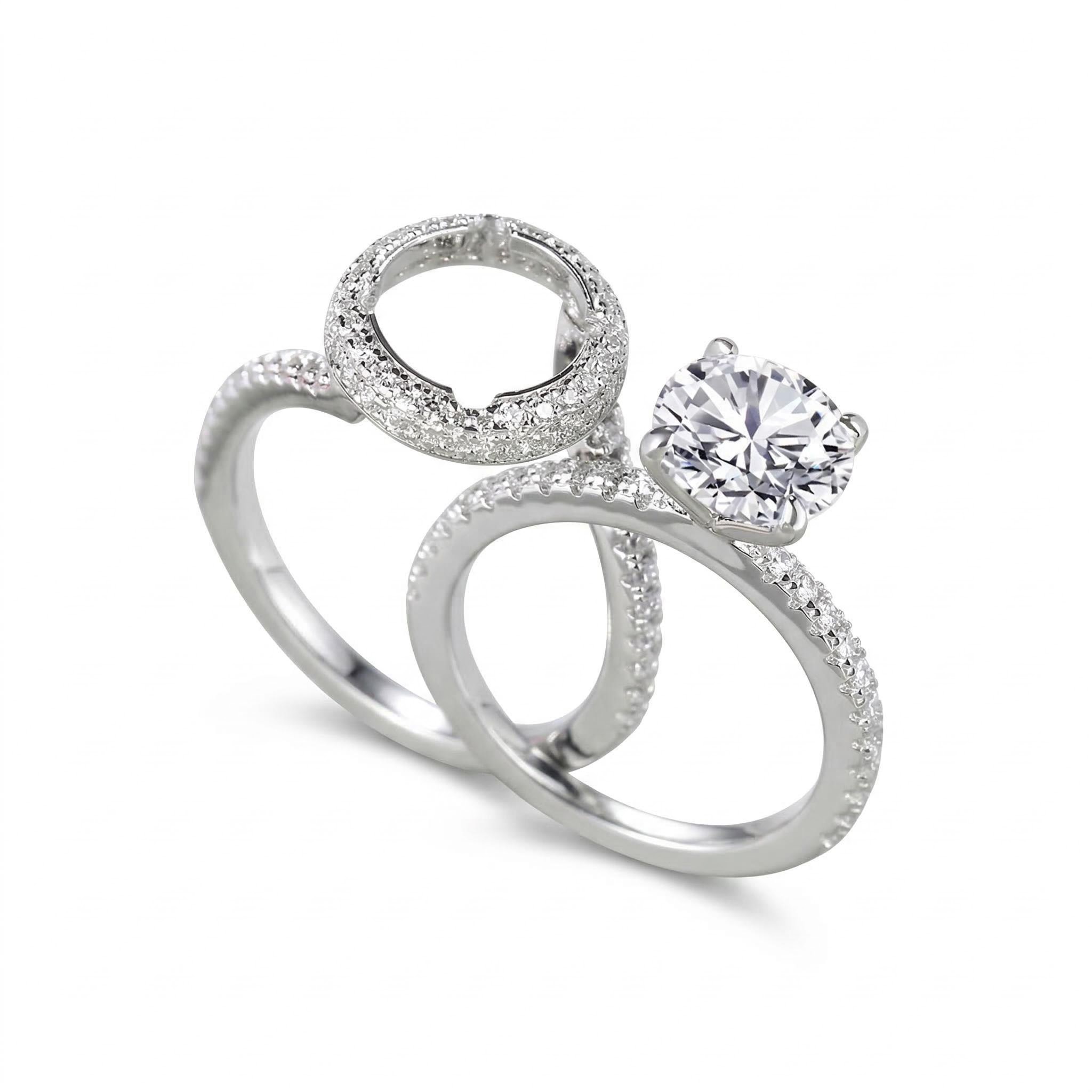 Unique Halo Round Cut Detachable Sterling Silver Ring Set