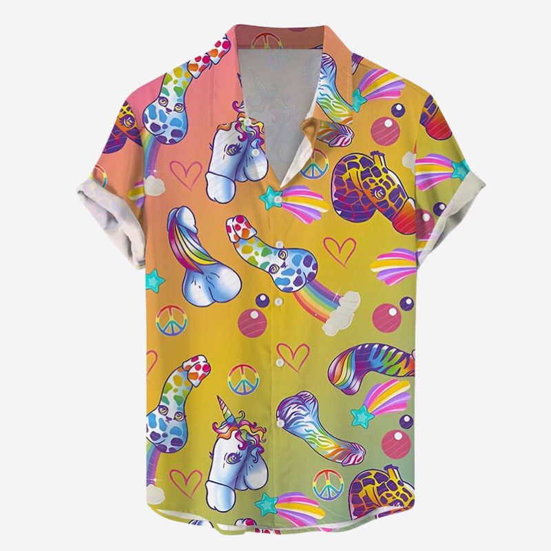 Rainbow Horse Cock Print Casual Short Sleeved Shirt