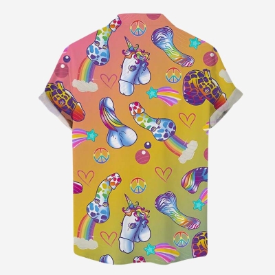 Rainbow Horse Cock Print Casual Short Sleeved Shirt