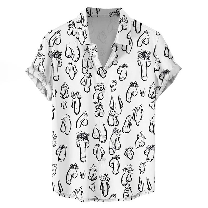 Black And White Cocks Print Casual Short Sleeved Shirt