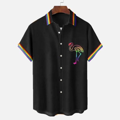 Rainbow Stripes Flamingo Print Hawaiian Shirt