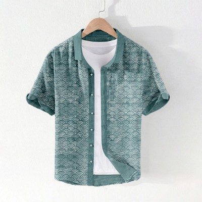 Ukiyo-e Wave Print Linen Shirt