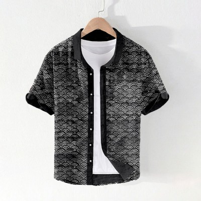 Ukiyo-e Wave Print Linen Shirt