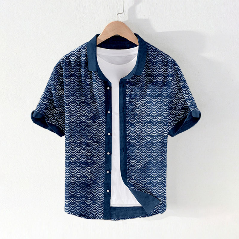 Ukiyo-e Wave Print Linen Shirt