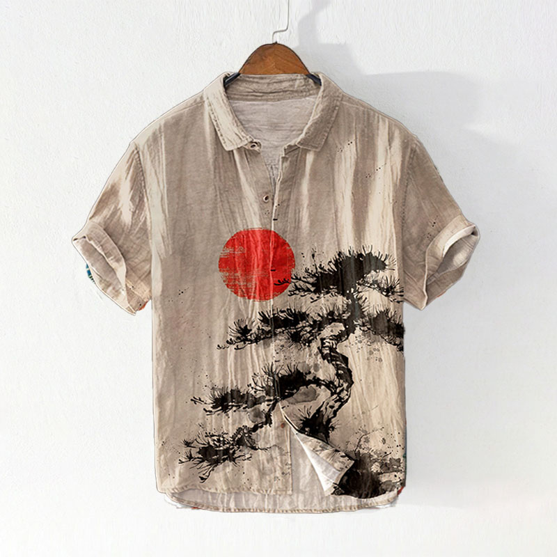 Ukiyo-e Sunset Print Linen Shirt