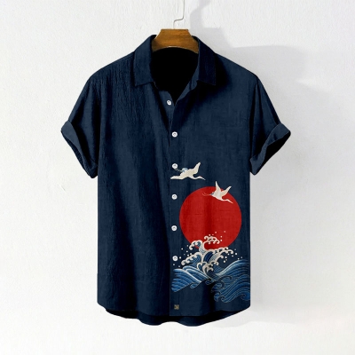 Ukiyo-e Sunset Print Linen Shirt