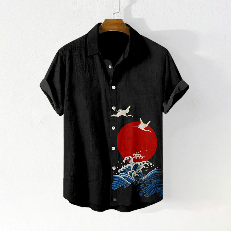 Ukiyo-e Sunset Print Linen Shirt