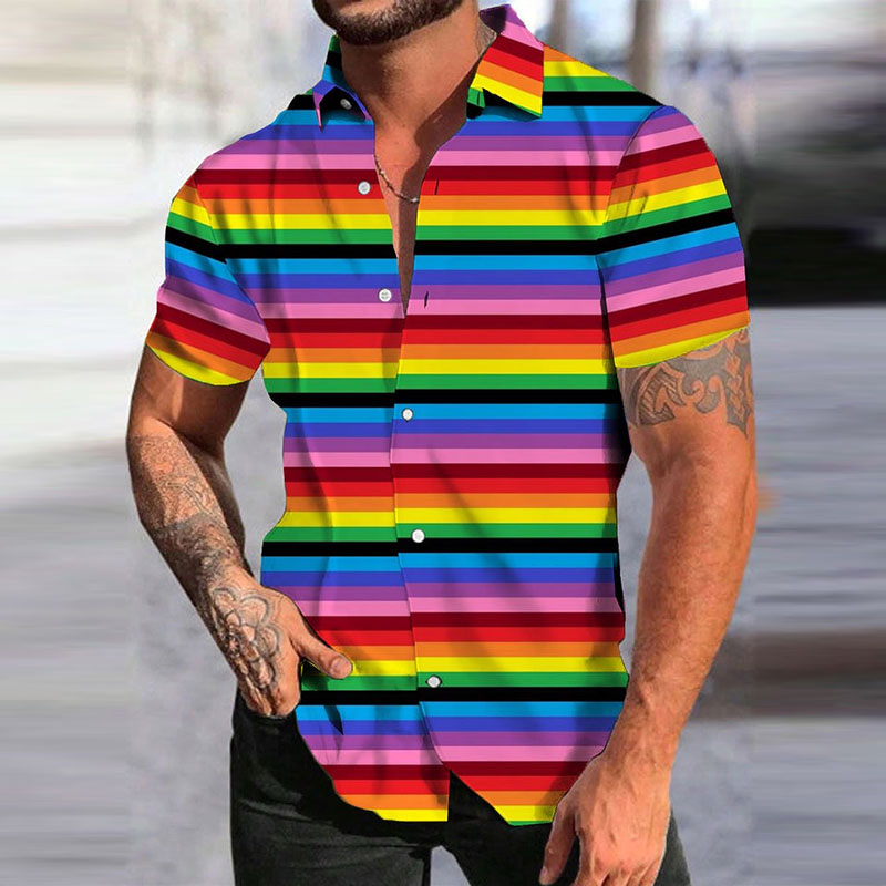 Bright Rainbow Striped Printed Linen Shirt