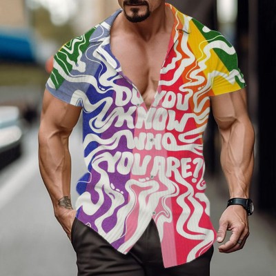 Rainbow Letter Graffiti Print Linen Shirt