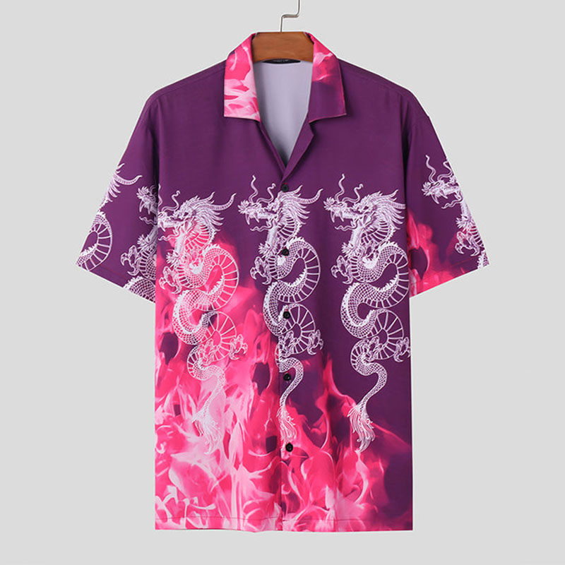 Dragon Print Lapel Short Sleeve Shirt