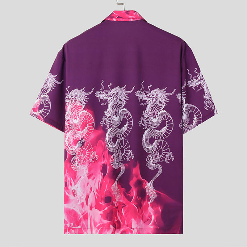 Dragon Print Lapel Short Sleeve Shirt