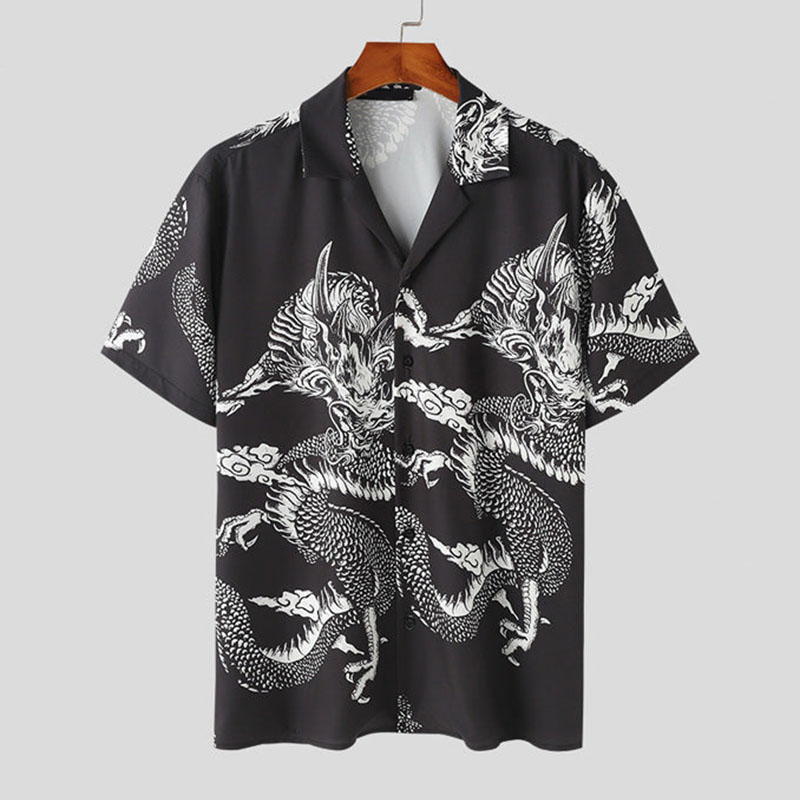 Dragon Print Revere Collar Linen Shirt