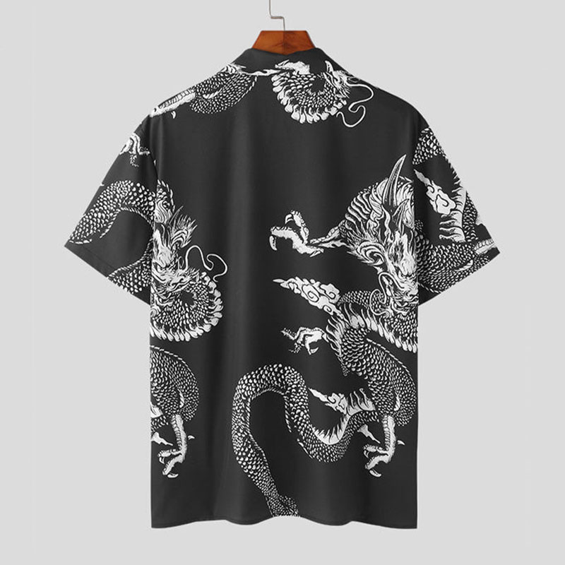 Dragon Print Revere Collar Linen Shirt