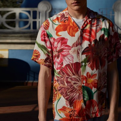 Colorful Tropical Floral Patterned Linen Hawaiian Shirt
