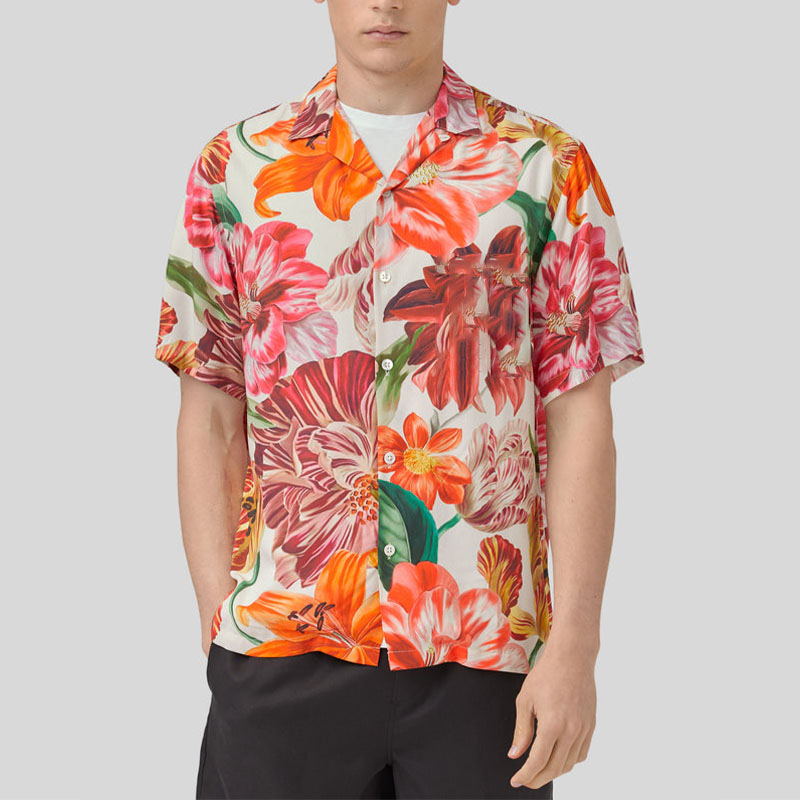 Colorful Tropical Floral Patterned Linen Hawaiian Shirt