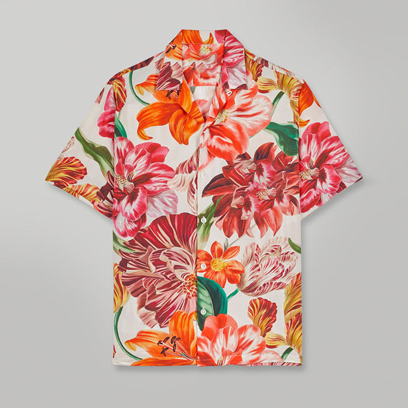 Colorful Tropical Floral Patterned Linen Hawaiian Shirt