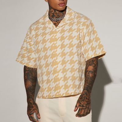 Stylish Thousand Bird Check Pattern Printed Linen Shirt