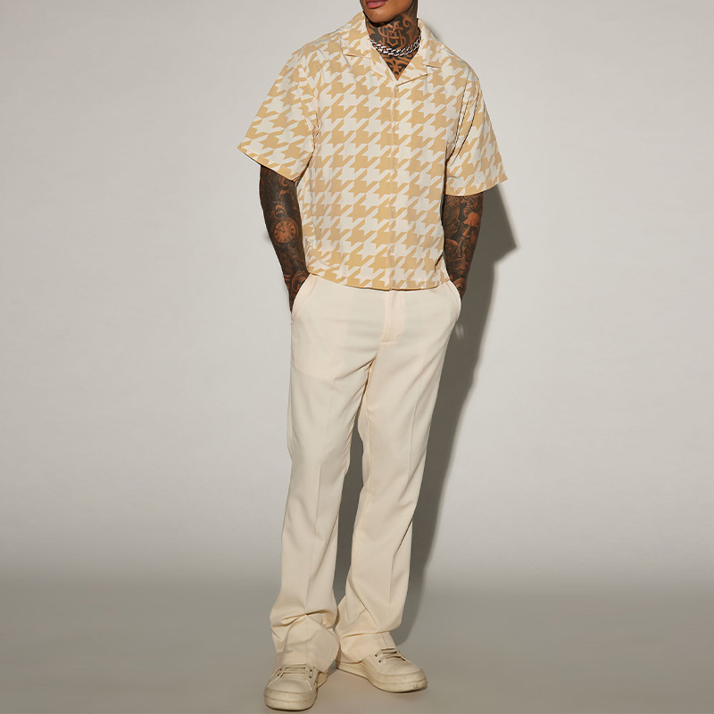 Stylish Thousand Bird Check Pattern Printed Linen Shirt