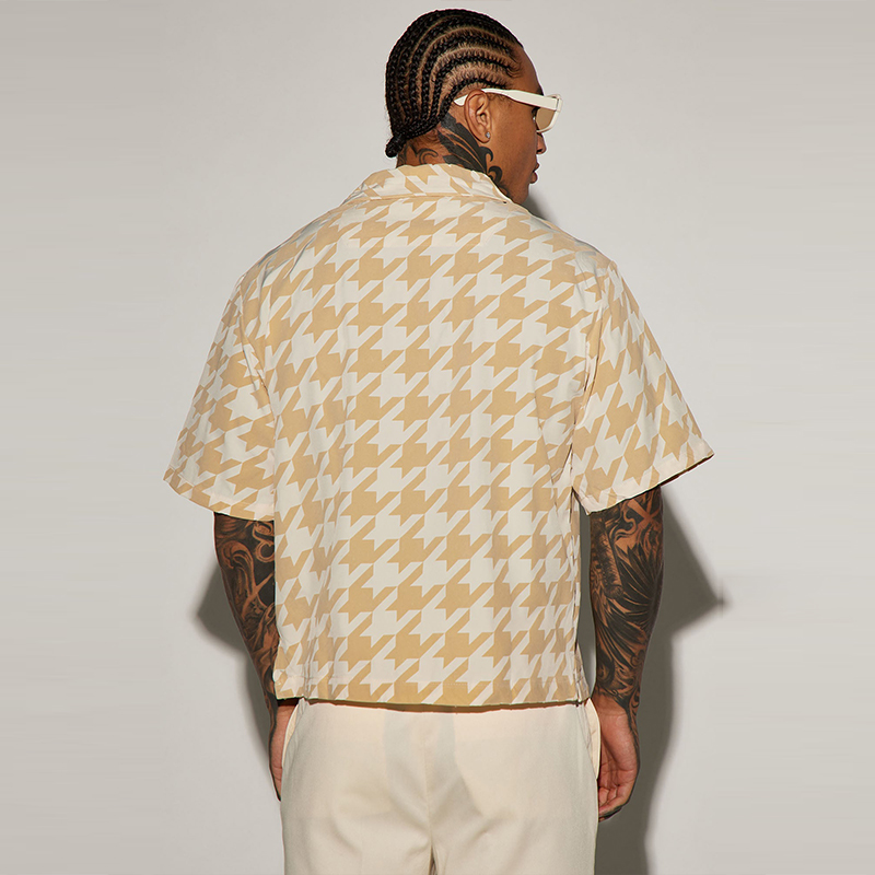 Stylish Thousand Bird Check Pattern Printed Linen Shirt