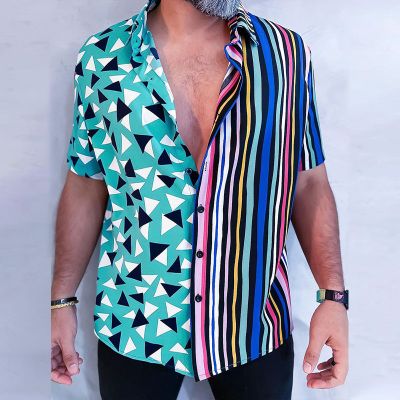 Colorblocked Geometric Stripe Printed Linen Hawaiian Shirt
