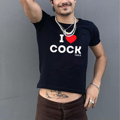 I Love Cock Print Slim Fit Cotton T-Shirt