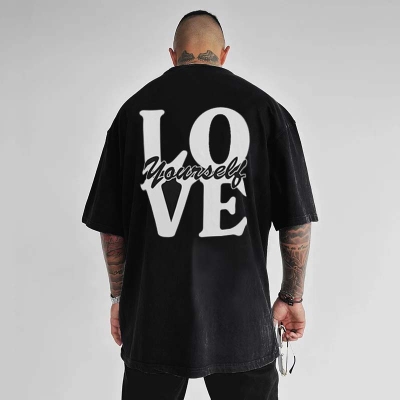 Love Yourself Large Back Graphic Washed Cotton Print T-Shirt