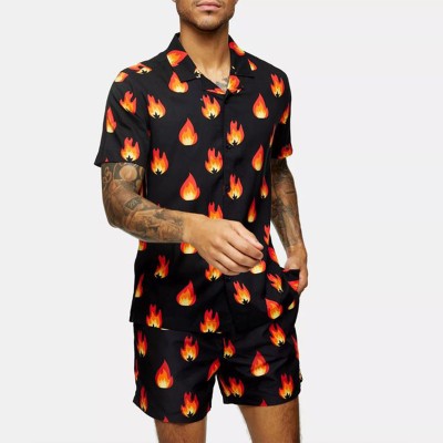 Flame Print Hawaiian Shirt Set