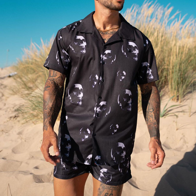 Skull Print Hawaiian Shirt Set