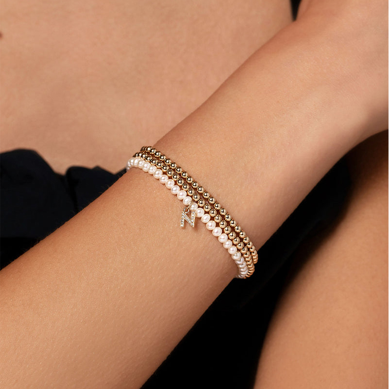 Diamond Initial Charm Pearl Bracelet