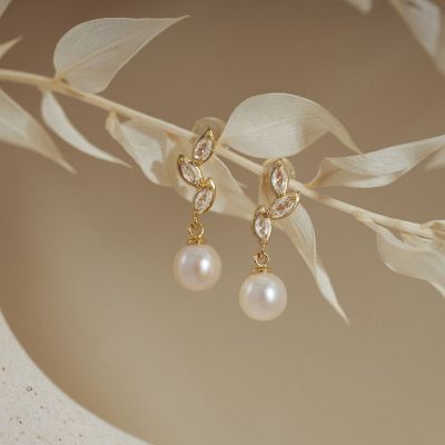 Diamond Leaves Pearl Drop Earrings