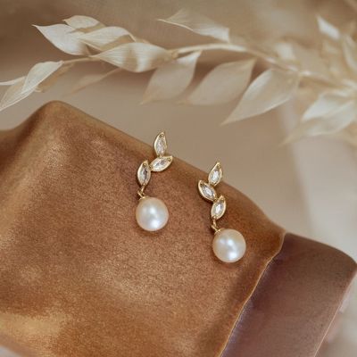 Diamond Leaves Pearl Drop Earrings